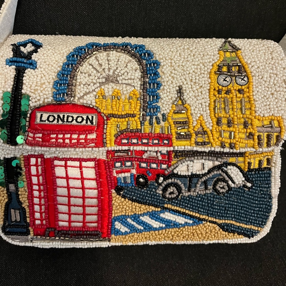 Beaded London Scene Shoulder Bag in White, Red, Yellow and Blue